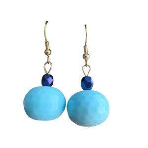 Blue Beaded Dangle Earrings Large Onion Shaped with Smaller Faceted Accent Bead